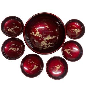 SALADS-GALORE! Vintage Salad Bowl 7 pc Set - Japanese Red Lacquer